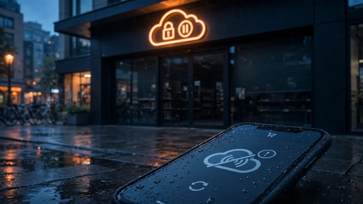Supermarket storefront at dusk with a smartphone showing a disconnected grocery app icon, illustrating the Ahold Delhaize cyberattack outage.