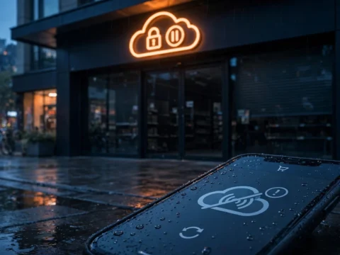Supermarket storefront at dusk with a smartphone showing a disconnected grocery app icon, illustrating the Ahold Delhaize cyberattack outage.
