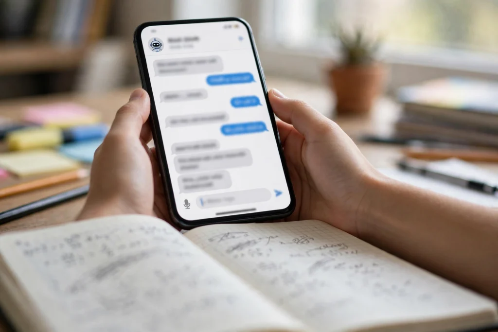 A student holding a smartphone showing an AI chatbot conversation, with handwritten homework notes nearby