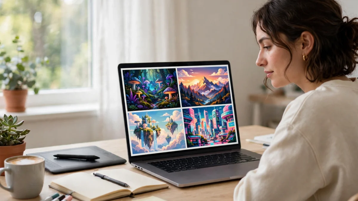 A digital creator using a laptop with an AI image generator at a bright modern desk