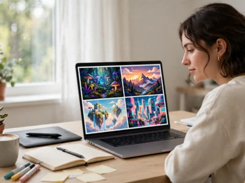 A digital creator using a laptop with an AI image generator at a bright modern desk