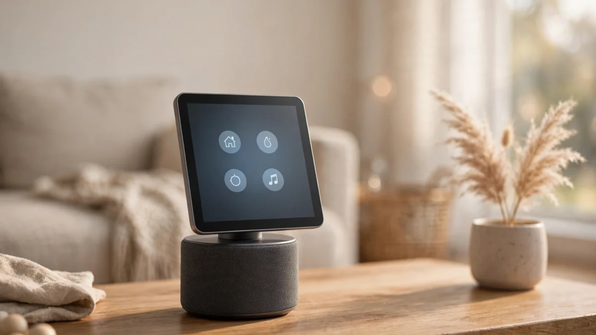 Smart home hub with touchscreen display on speaker base in a living room