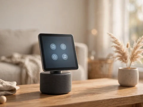 Smart home hub with touchscreen display on speaker base in a living room