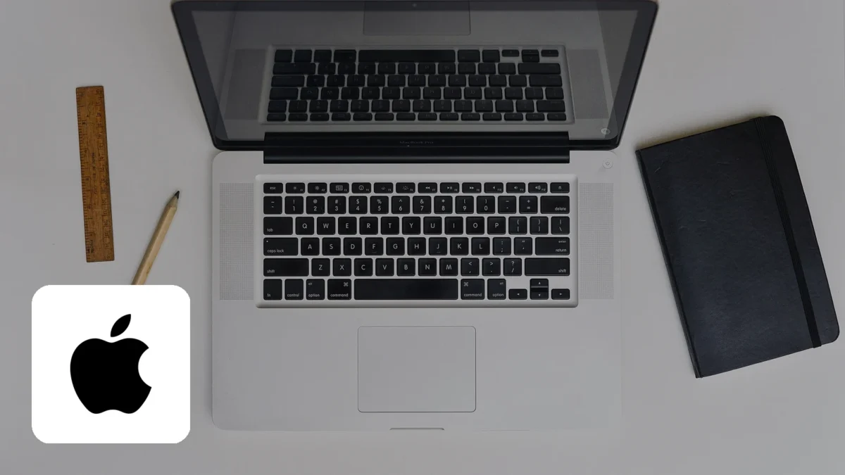 Photorealistic photo of a MacBook Pro on a desk with the Apple logo