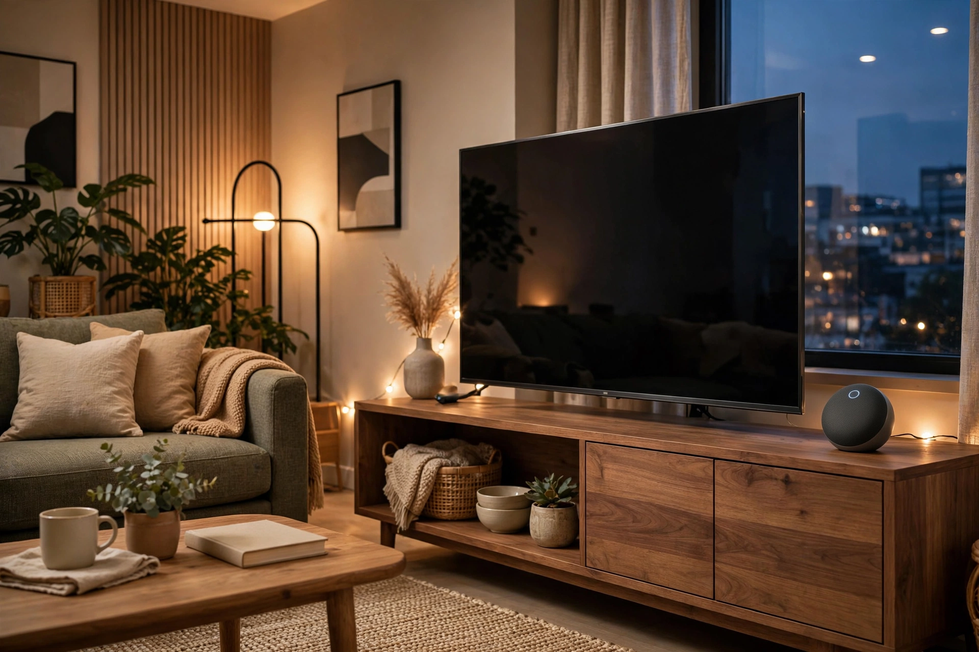 Smart home setup with TV and smart speaker in a modern living room