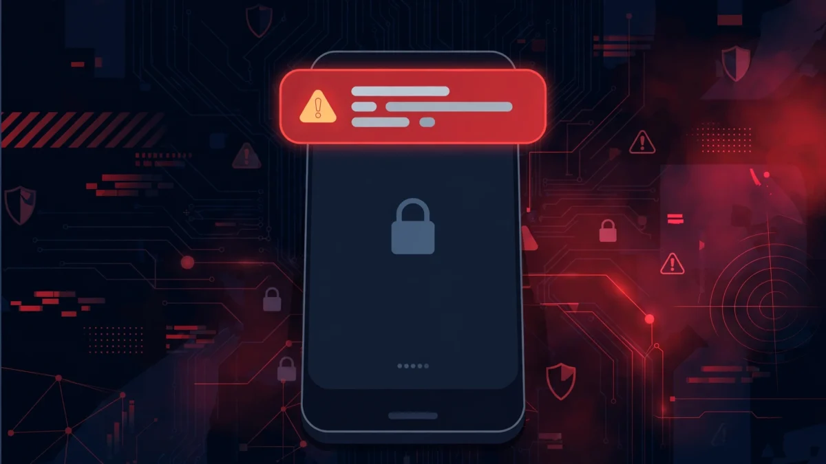 Smartphone showing a malicious push notification alert, cybersecurity illustration