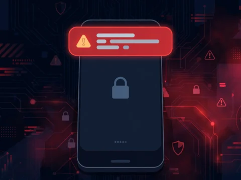 Smartphone showing a malicious push notification alert, cybersecurity illustration