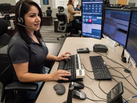 A California Highway Patrol public safety dispatcher at work in the Fresno dispatch center