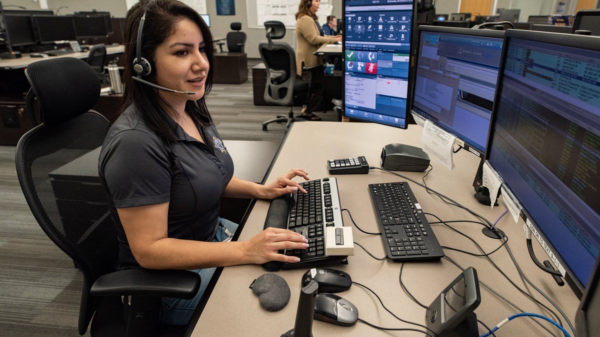 A California Highway Patrol public safety dispatcher at work in the Fresno dispatch center