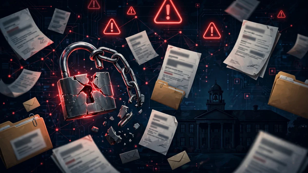 Illustration of a school cybersecurity breach showing student records exposed