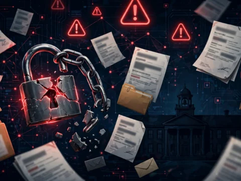 Illustration of a school cybersecurity breach showing student records exposed