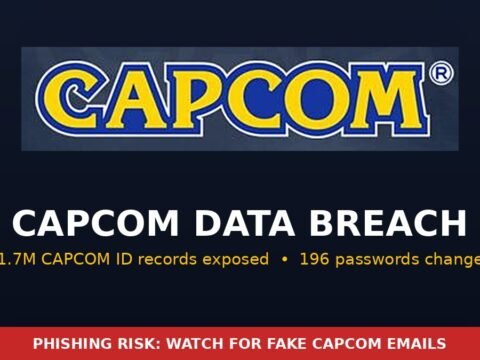 Capcom logo on a dark background with a data breach warning title card