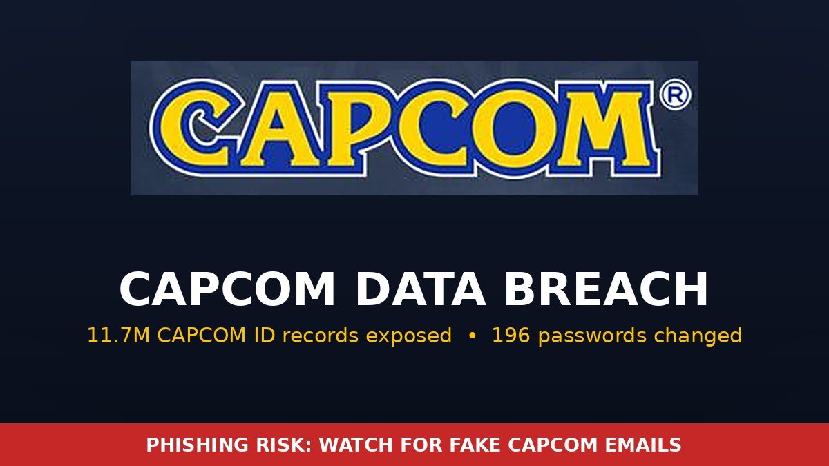 Capcom logo on a dark background with a data breach warning title card