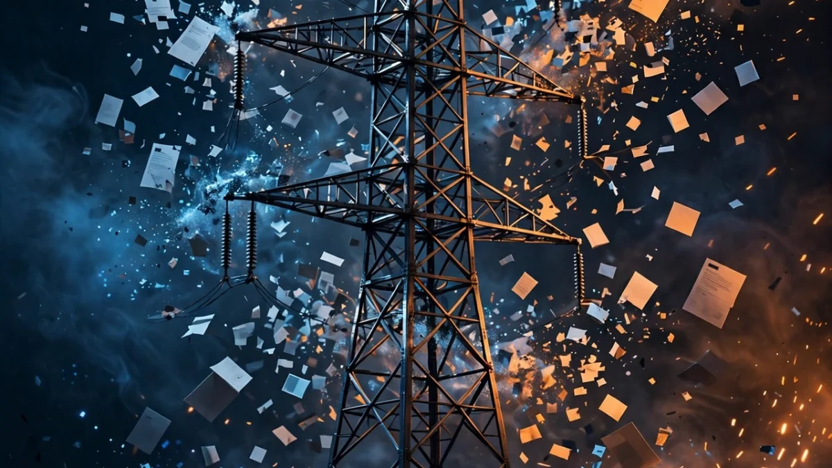 Abstract digital artwork of a utility transmission tower surrounded by scattered personal identity documents dissolving into data fragments, no logos, no text