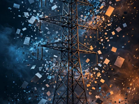Abstract digital artwork of a utility transmission tower surrounded by scattered personal identity documents dissolving into data fragments, no logos, no text