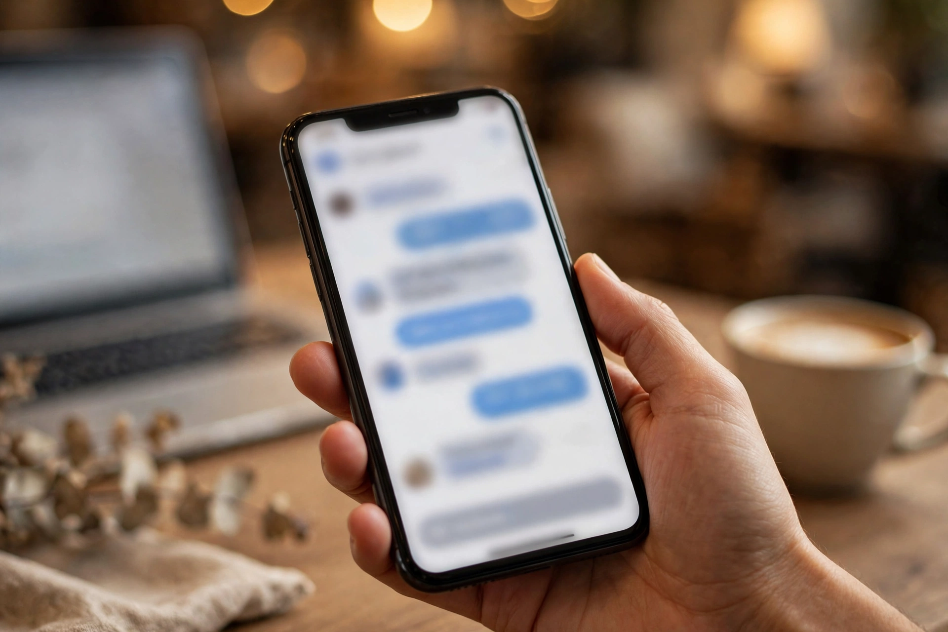 A hand holding a smartphone showing a chatbot app