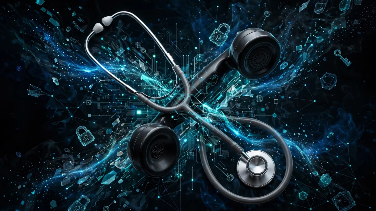 Abstract digital artwork of a stethoscope crossed with a vintage telephone handset amid scattered encrypted data streams, no logos, no text