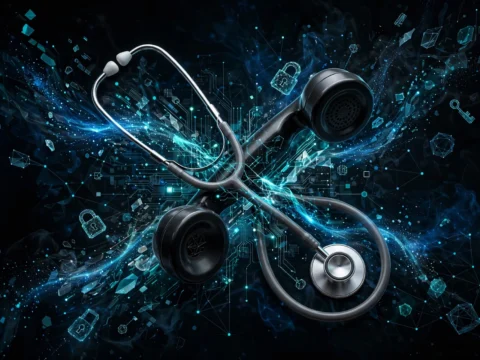 Abstract digital artwork of a stethoscope crossed with a vintage telephone handset amid scattered encrypted data streams, no logos, no text