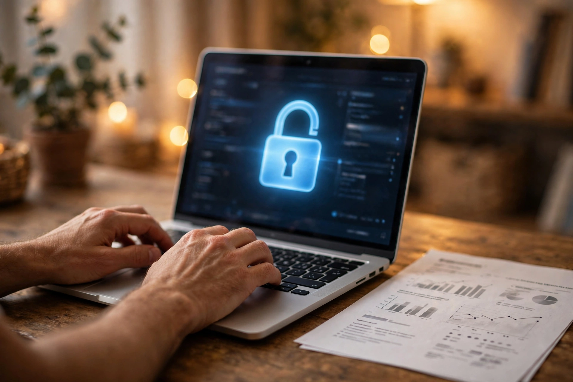 Person placing a credit freeze on a laptop