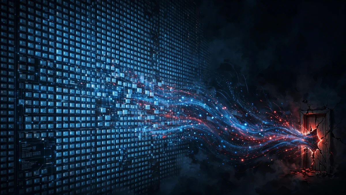 Conceptual illustration of a national identity registry database exposed in a cyberattack