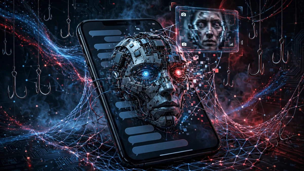 Illustration of AI-powered phishing and smishing threats targeting election officials