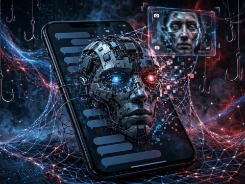 Illustration of AI-powered phishing and smishing threats targeting election officials