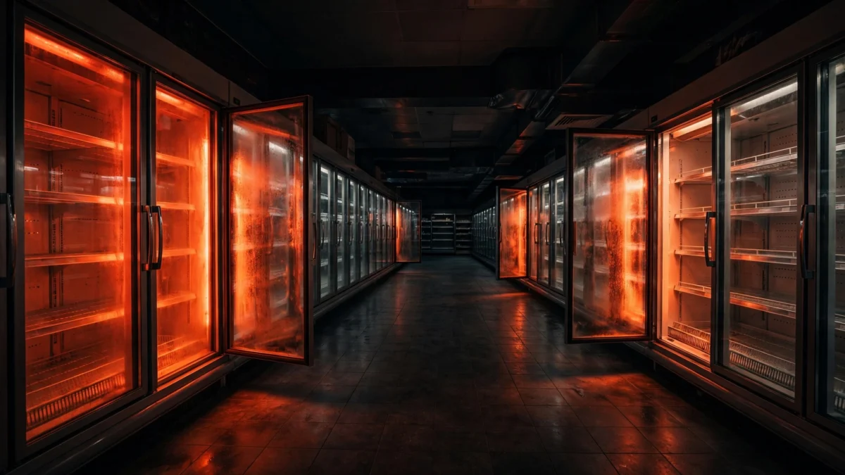 Row of supermarket freezer aisles with frosted glass doors under harsh lighting, illustrating the French supermarket refrigeration cyberattack.