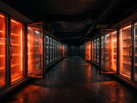 Row of supermarket freezer aisles with frosted glass doors under harsh lighting, illustrating the French supermarket refrigeration cyberattack.
