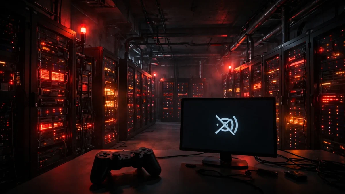 Dark server room with red warning lights and a game controller next to a monitor showing a disconnected network icon, illustrating the Gears of War E-Day DDoS server outage.