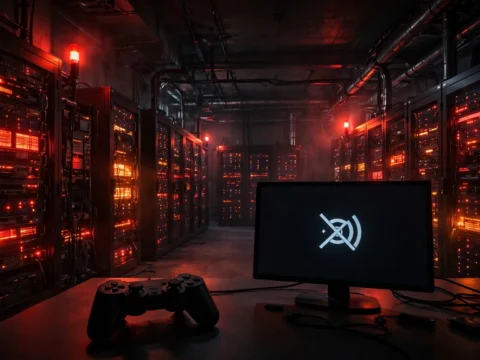 Dark server room with red warning lights and a game controller next to a monitor showing a disconnected network icon, illustrating the Gears of War E-Day DDoS server outage.