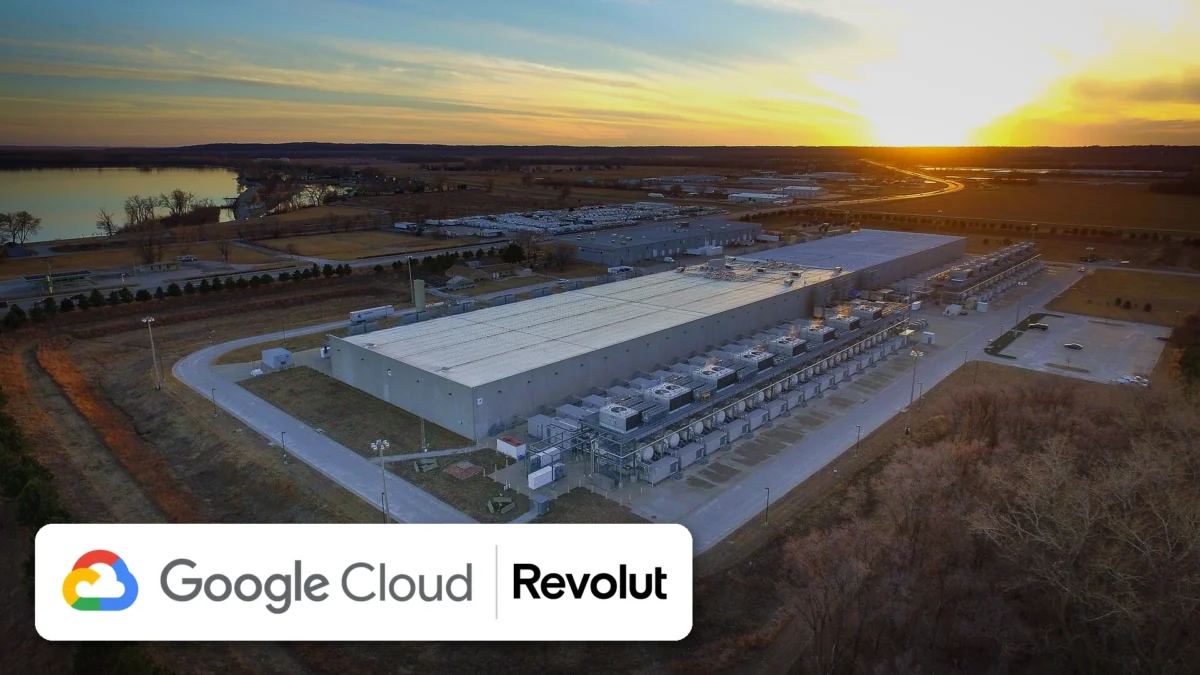 Google data center at sunset with Google Cloud and Revolut logos, after the London power event knocked Revolut offline