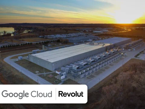Google data center at sunset with Google Cloud and Revolut logos, after the London power event knocked Revolut offline