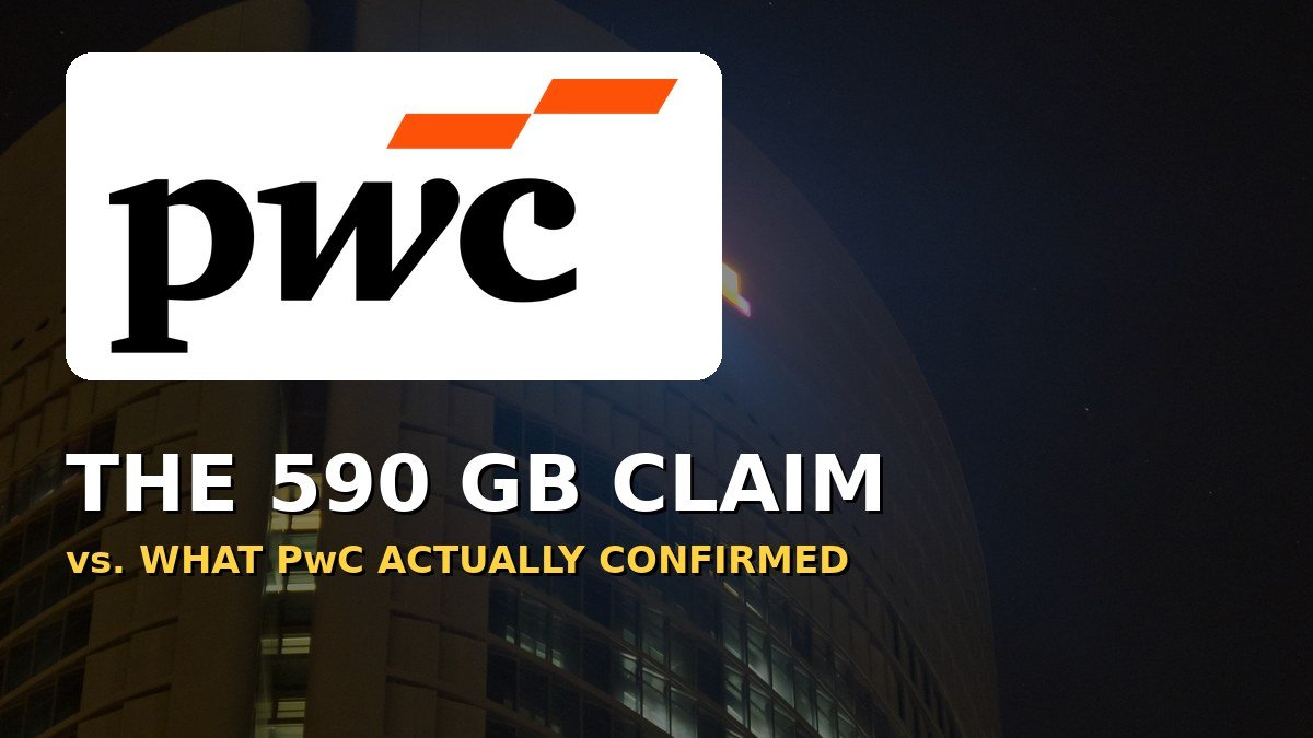 PwC logo over a photo of the PwC Tower, with the headline The 590 GB Claim vs What PwC Actually Confirmed
