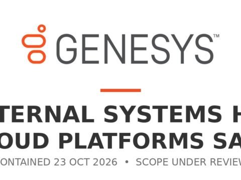 Genesys logo representing the confirmed internal-systems intrusion, with Cloud platforms unaffected