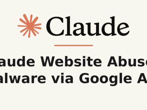 Claude logo above the headline 'Claude Website Abused, Malware via Google Ads' on a light background