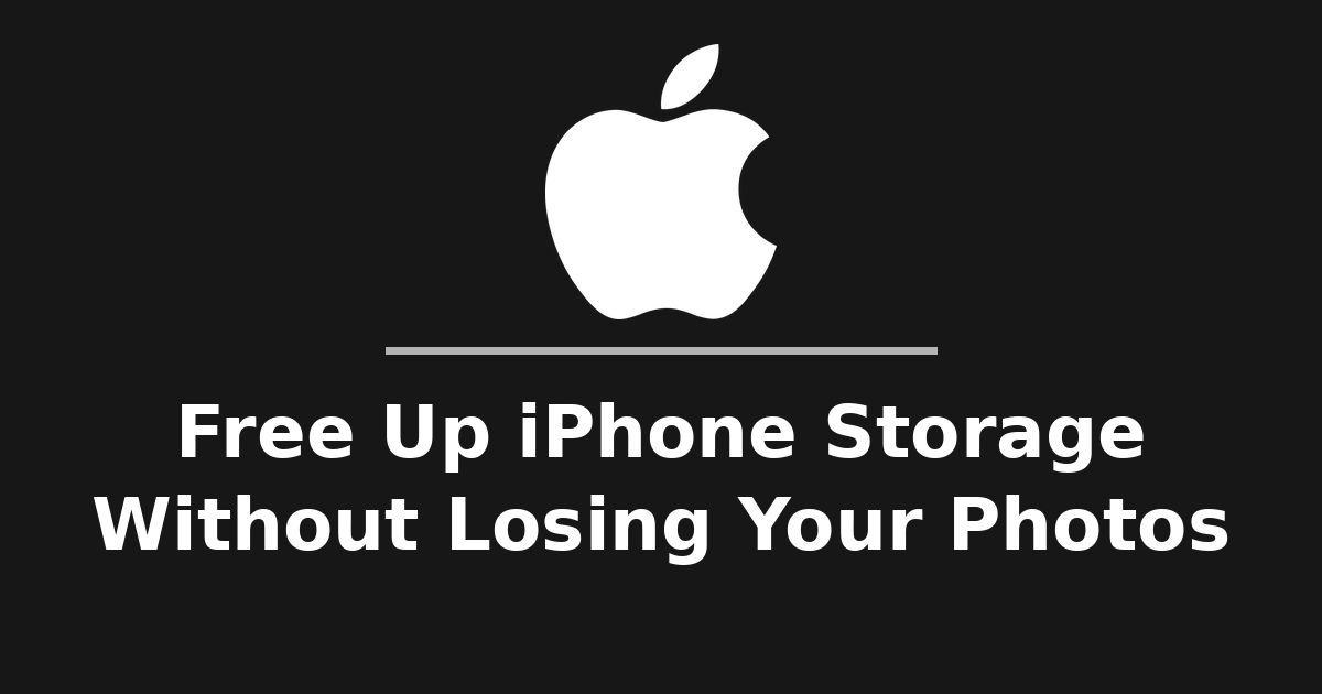 Apple logo above the headline 'Free Up iPhone Storage: Without Losing Your Photos' on a dark background