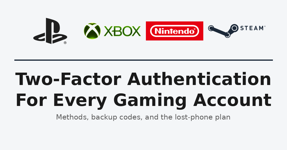 PlayStation, Xbox, Nintendo and Steam logos above the headline 'Two-Factor Authentication: For Every Gaming Account' on a light background