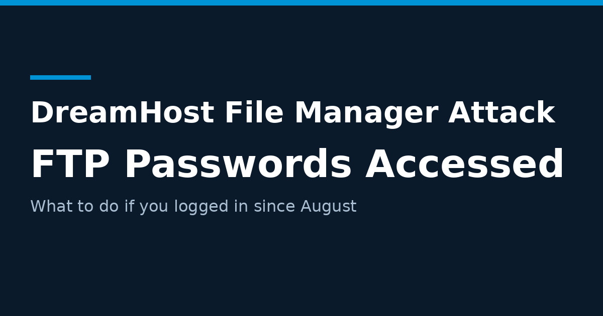 Headline 'DreamHost File Manager Attack: FTP Passwords Accessed' on a dark navy background