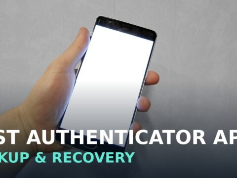 A hand holding a smartphone with a blank white screen, with the text Best Authenticator Apps: Backup and Recovery overlaid at the bottom.