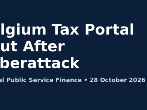 Bold title card on a dark navy background reading "Belgium Tax Portal Shut After Cyberattack", with a smaller line "Federal Public Service Finance • 28 October 2026"