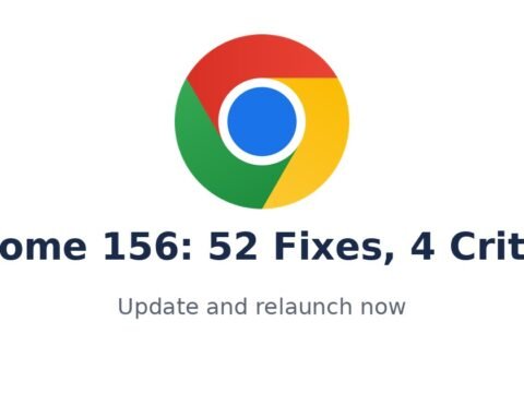 Google Chrome logo above the title text Chrome 156: 52 Fixes, 4 Critical and subtitle Update and relaunch now on a white background