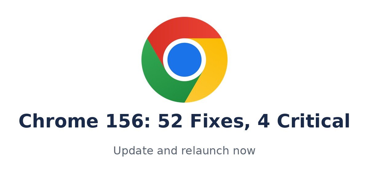 Google Chrome logo above the title text Chrome 156: 52 Fixes, 4 Critical and subtitle Update and relaunch now on a white background
