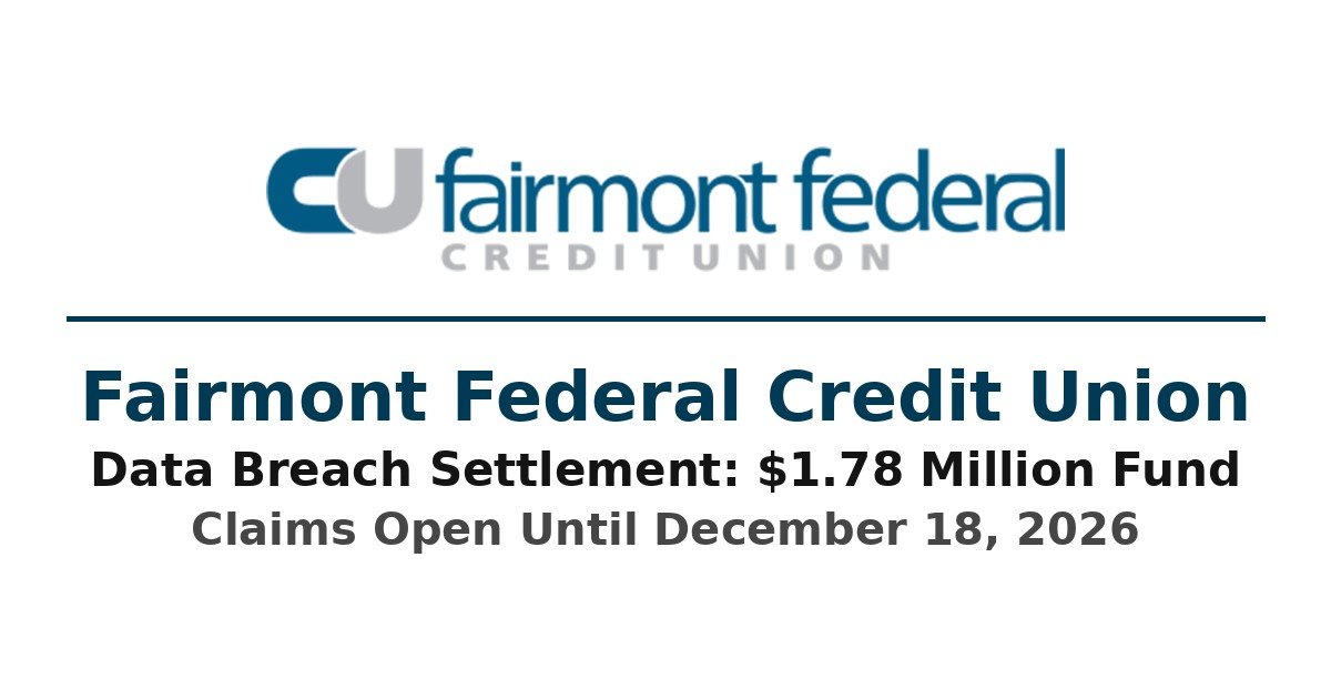 Fairmont Federal Credit Union logo on a white background with the text Fairmont Federal Credit Union, Data Breach Settlement: $1.78 Million Fund, Claims Open Until December 18, 2026