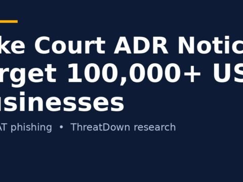 Bold title card on a dark navy background reading "Fake Court ADR Notices Target 100,000+ US Businesses", with a smaller line "LodaRAT phishing • ThreatDown research"
