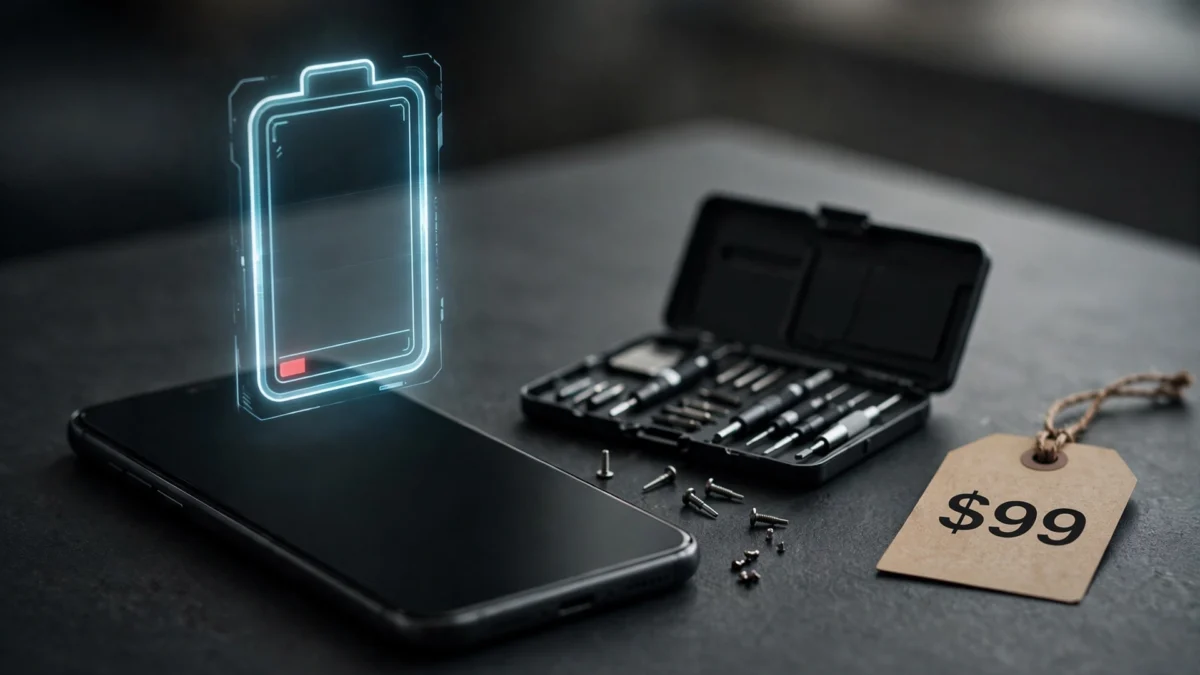 iPhone with low battery icon, precision repair toolkit, and $99 price tag on a dark desk