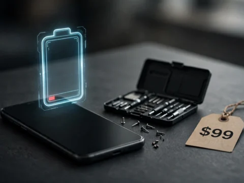 iPhone with low battery icon, precision repair toolkit, and $99 price tag on a dark desk