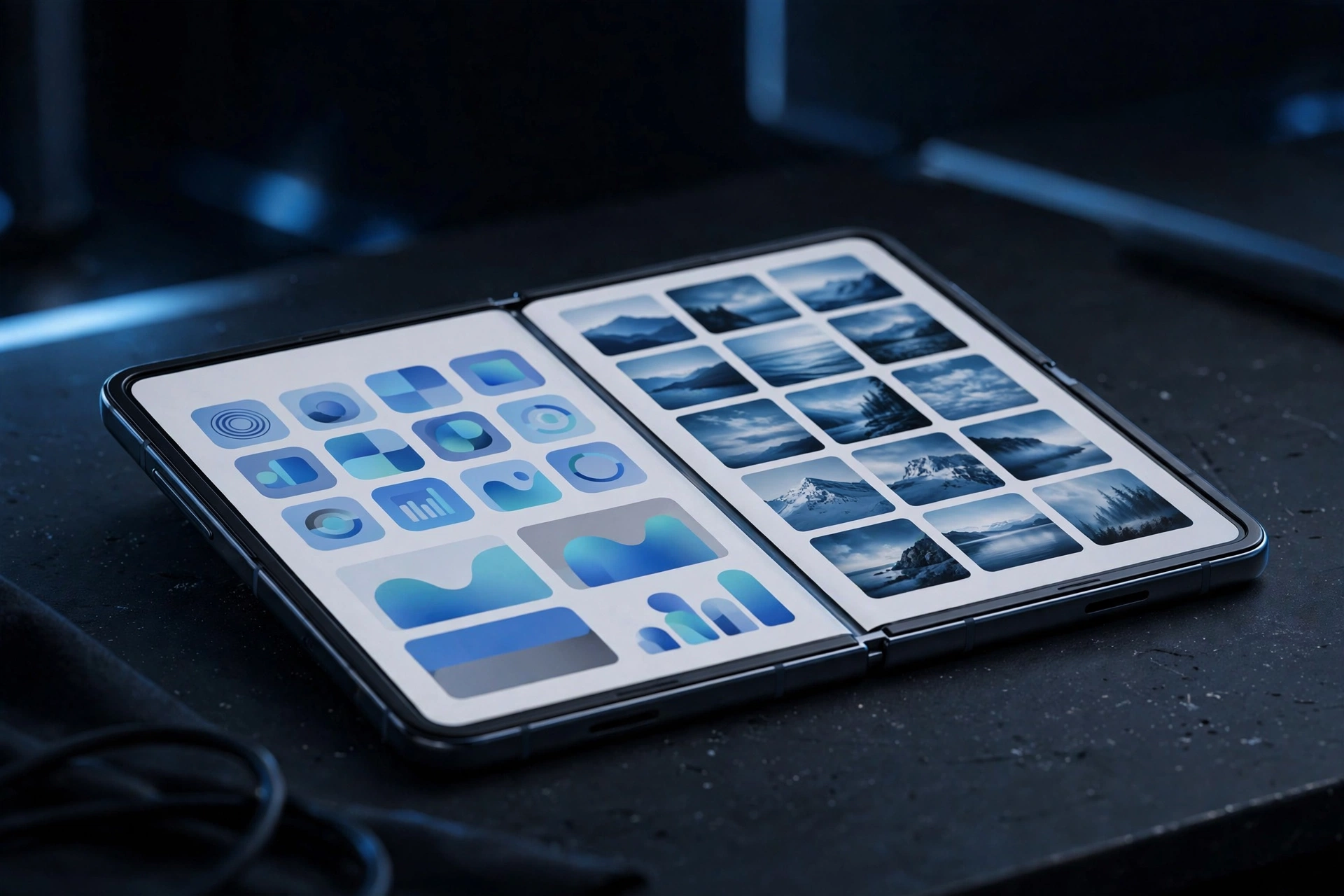 Illustration of the iPhone Duo unfolded flat with two apps side by side on the wide inner display