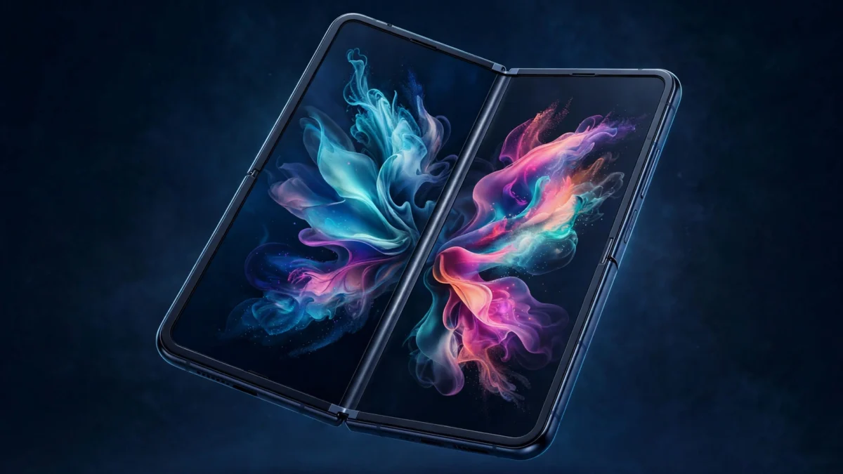 Illustration of the iPhone Duo foldable iPhone half-open, its glowing dual displays visible