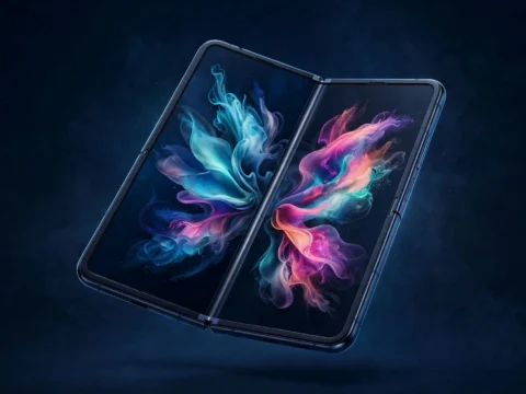 Illustration of the iPhone Duo foldable iPhone half-open, its glowing dual displays visible