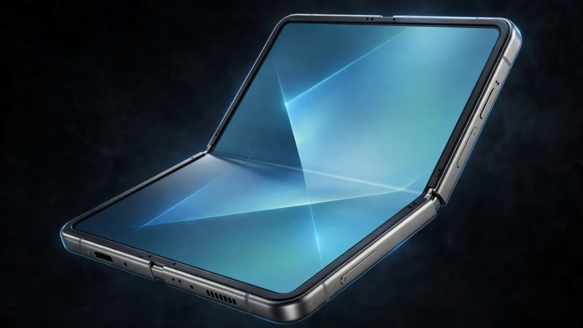iPhone Duo foldable phone in Star White partially unfolded showing large inner display